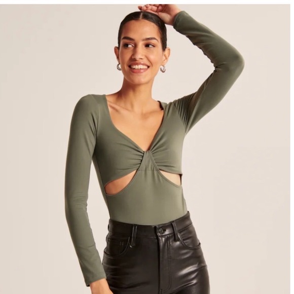 Abercrombie & Fitch Tops - Abercrombie & Fitch Soft A&F Long Sleeve Cutout Twist Bodice Bodysuit Olive S